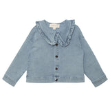 The Denim Days Ruffled Collar Jacket by Mabel and Honey features light blue denim, a wide ruffled collar, long sleeves, front buttons, and simple cuffs—perfect for a casual, slightly loose kids’ fit.