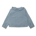 The Mabel and Honey Denim Days Ruffled Collar Jacket features light blue denim, long sleeves, buttoned cuffs, and a charming ruffled collar—an essential for any kids' wardrobe, shown from the back on a white background.