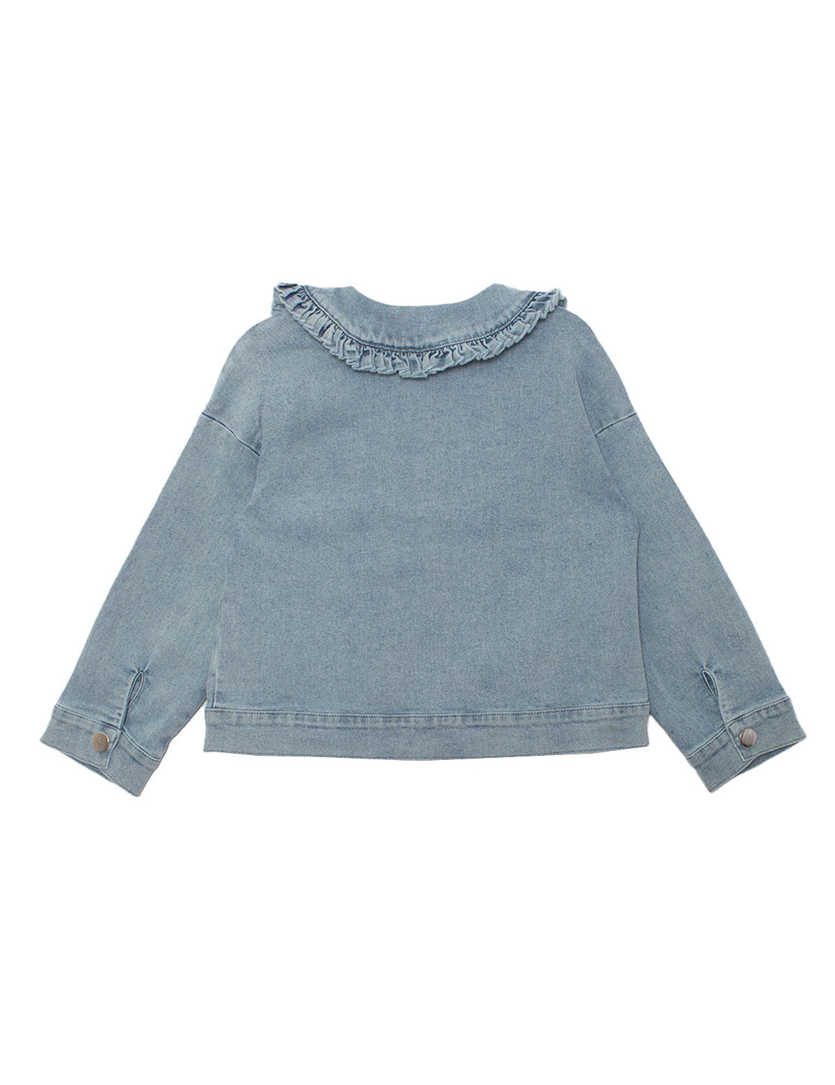 The Mabel and Honey Denim Days Ruffled Collar Jacket features light blue denim, long sleeves, buttoned cuffs, and a charming ruffled collar—an essential for any kids' wardrobe, shown from the back on a white background.