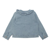The Mabel and Honey Denim Days Ruffled Collar Jacket features light blue denim, long sleeves, buttoned cuffs, and a charming ruffled collar—an essential for any kids' wardrobe, shown from the back on a white background.