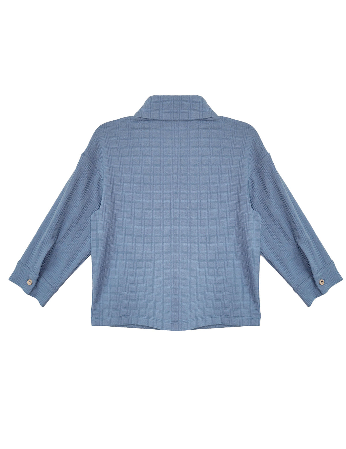 Back view of the Beckett and Bear Lucas Jacket in light blue, featuring long sleeves, a collared design, buttoned cuffs, and a textured grid pattern. The jacket is laid flat on a white background.