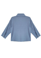 Back view of the Beckett and Bear Lucas Jacket in light blue, featuring long sleeves, a collared design, buttoned cuffs, and a textured grid pattern. The jacket is laid flat on a white background.