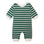 The Beckett and Bear Jackson Romper features long sleeves, green and white stripes, soft white cuffs on the sleeves and legs, and snap closures at the legs for easy changing.