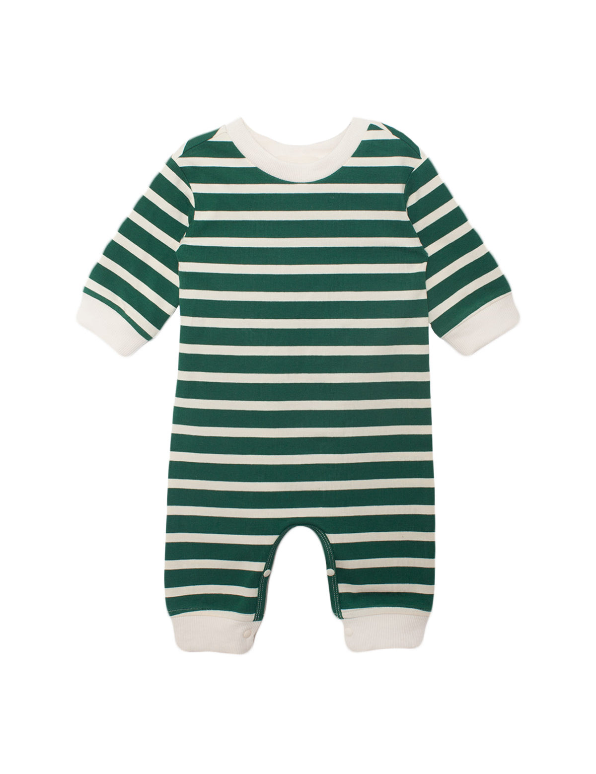 The Beckett and Bear Jackson Romper features long sleeves, green and white stripes, soft white cuffs on the sleeves and legs, and snap closures at the legs for easy changing.