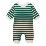 The Beckett and Bear Jackson Romper features long sleeves, green and white stripes, soft white cuffs on the sleeves and legs, and snap closures at the legs for easy changing.
