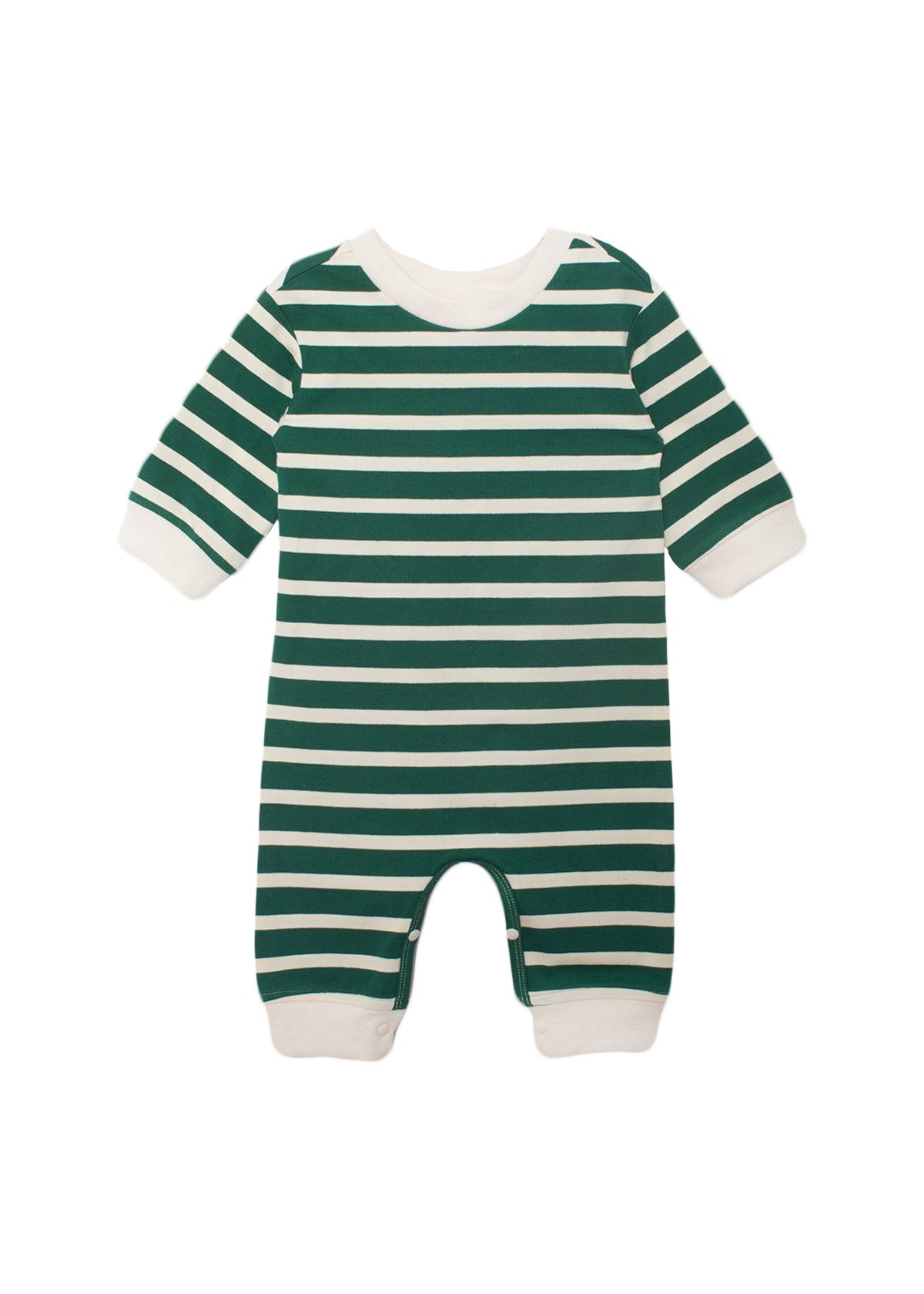 The Beckett and Bear Jackson Romper features long sleeves, green and white stripes, soft white cuffs on the sleeves and legs, and snap closures at the legs for easy changing.