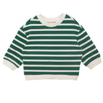 The Jackson Top by Beckett and Bear is a kids' long sleeve shirt featuring green and white stripes, a round neckline, and crisp white cuffs and hem for a classic style.