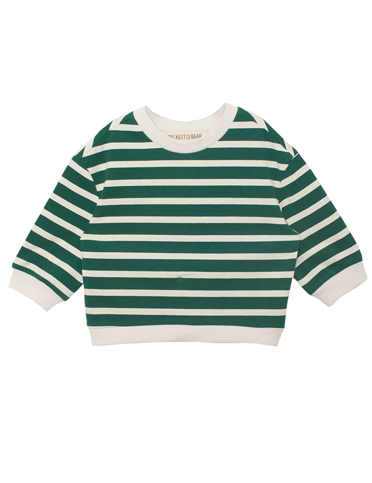 The Jackson Top by Beckett and Bear is a kids' long sleeve shirt featuring green and white stripes, a round neckline, and crisp white cuffs and hem for a classic style.