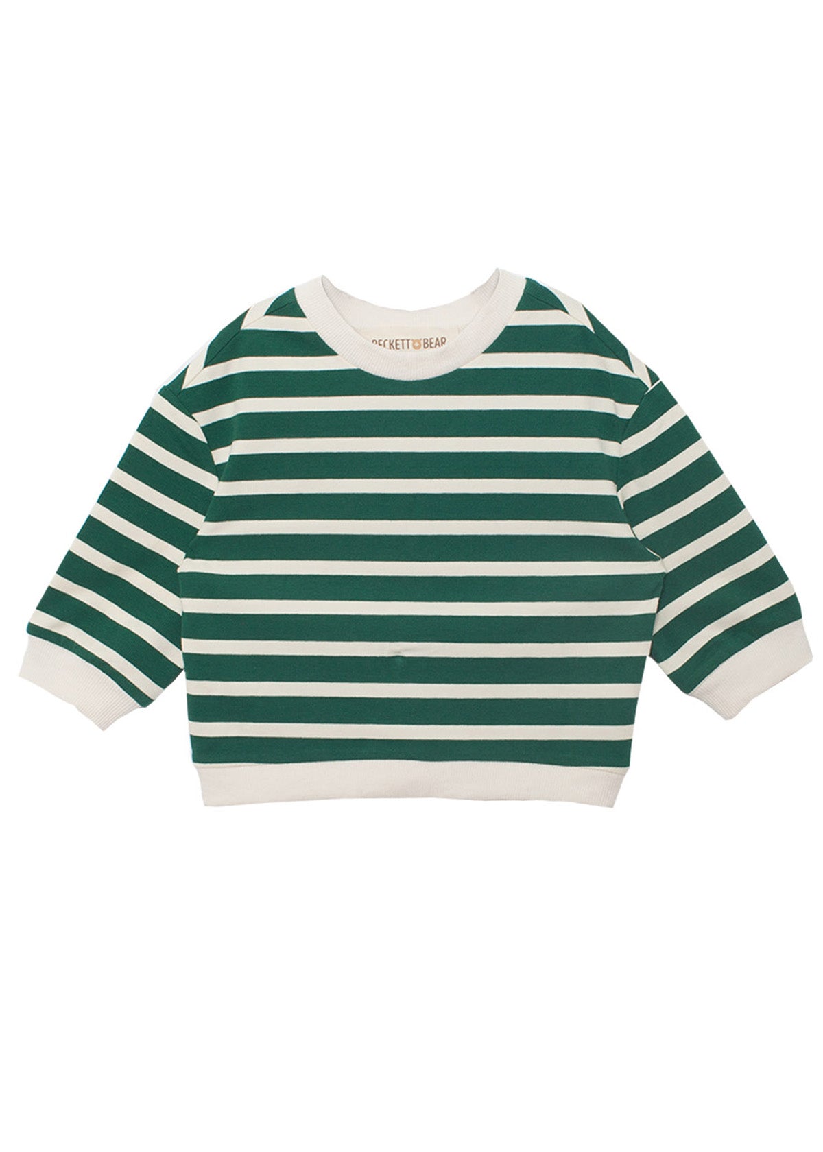 The Jackson Top by Beckett and Bear is a kids' long sleeve shirt featuring green and white stripes, a round neckline, and crisp white cuffs and hem for a classic style.