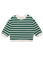 The Jackson Top by Beckett and Bear is a kids' long sleeve shirt featuring green and white stripes, a round neckline, and crisp white cuffs and hem for a classic style.