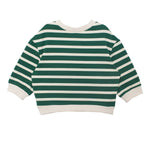 The Jackson Top by Beckett and Bear is a kids’ shirt with green and white striped long sleeves, a crew neckline, and white trim at the collar, cuffs, and hem. This relaxed-fit style is perfect for everyday wear.