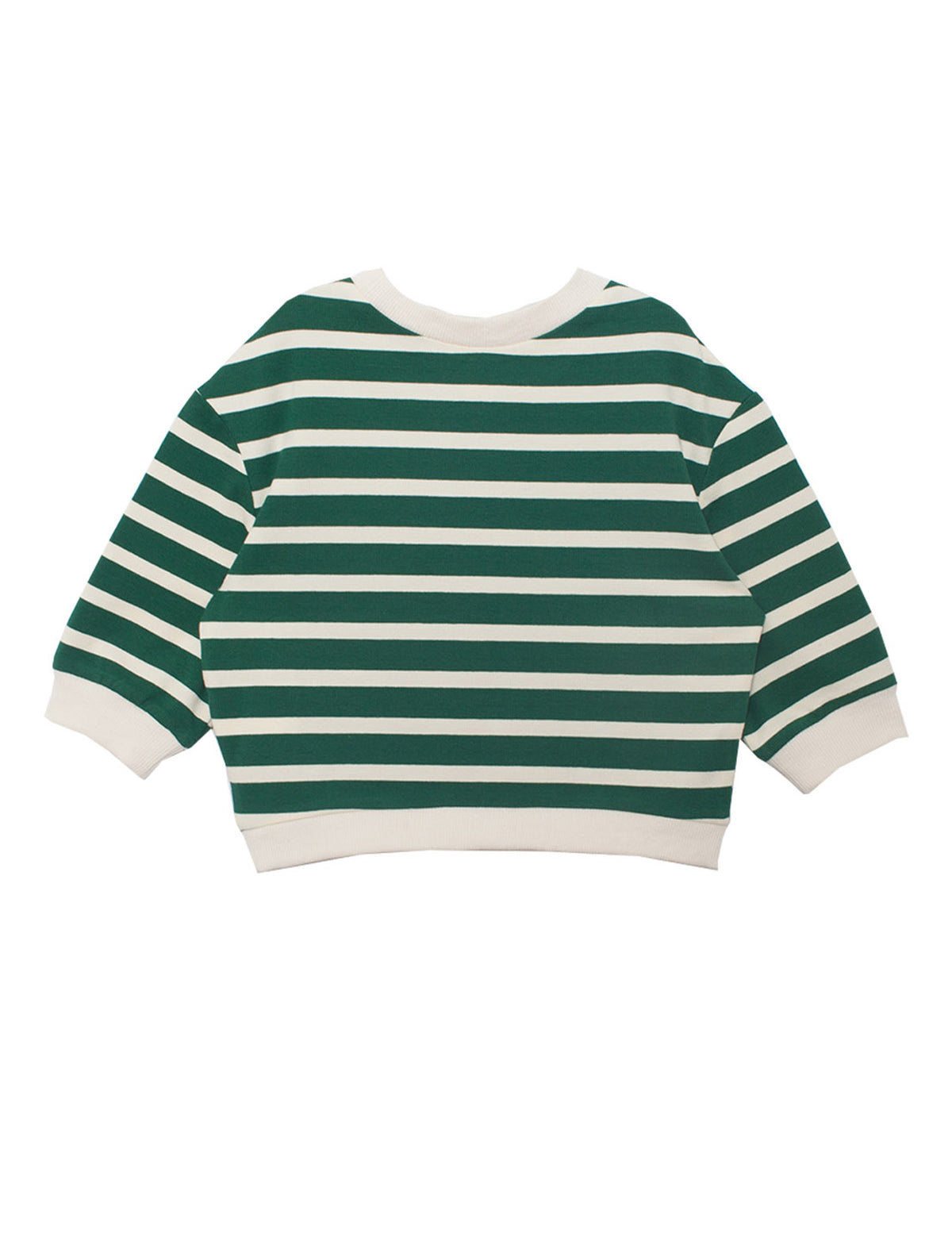 The Jackson Top by Beckett and Bear is a kids’ shirt with green and white striped long sleeves, a crew neckline, and white trim at the collar, cuffs, and hem. This relaxed-fit style is perfect for everyday wear.