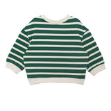 The Jackson Top by Beckett and Bear is a kids’ shirt with green and white striped long sleeves, a crew neckline, and white trim at the collar, cuffs, and hem. This relaxed-fit style is perfect for everyday wear.