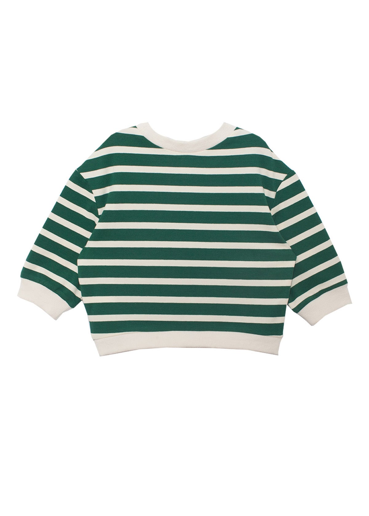The Jackson Top by Beckett and Bear is a kids’ shirt with green and white striped long sleeves, a crew neckline, and white trim at the collar, cuffs, and hem. This relaxed-fit style is perfect for everyday wear.