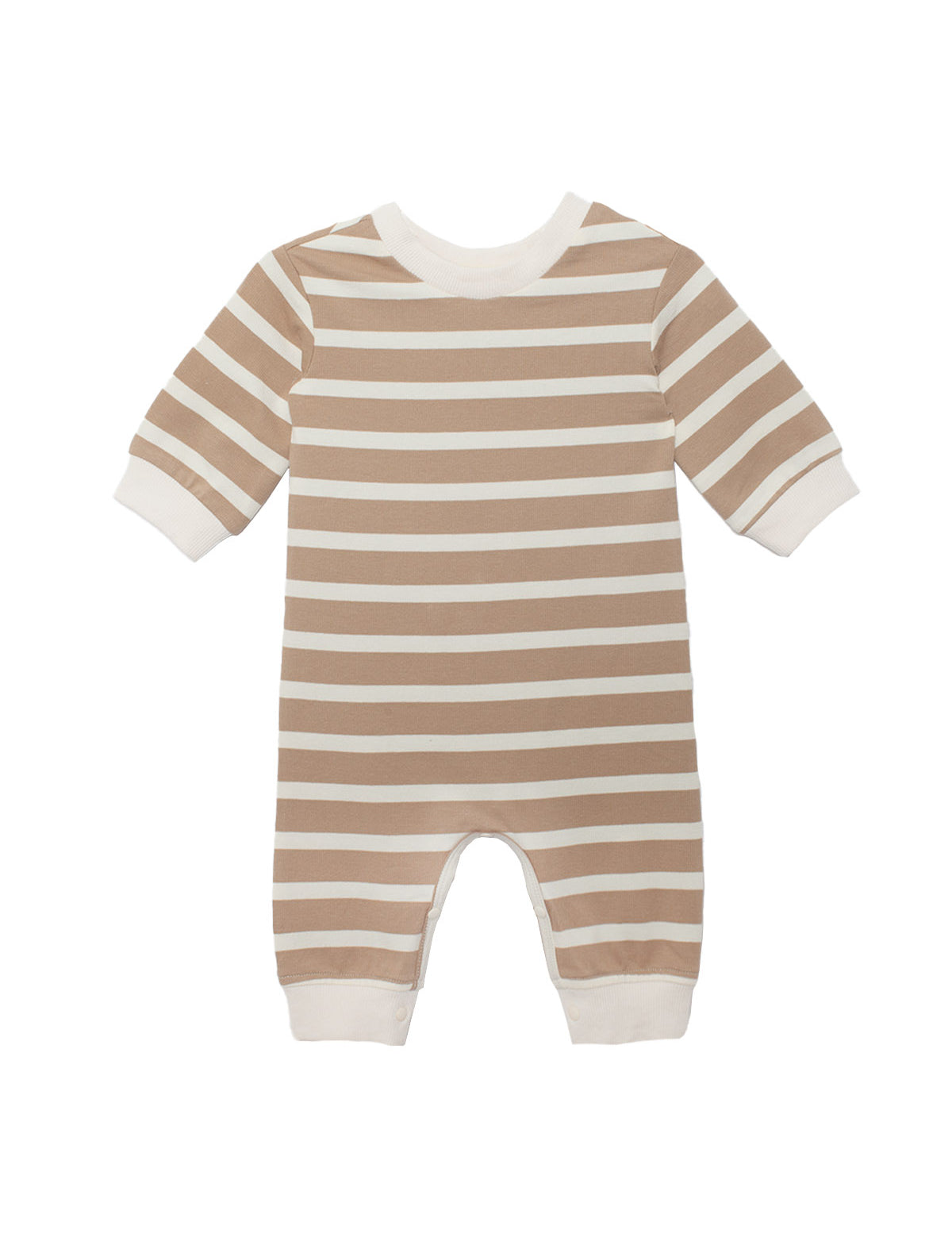 The Beckett and Bear Mason Romper is a long-sleeve outfit with light brown and white horizontal stripes, finished with white cuffs at the wrists, ankles, and neck.