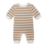 The Beckett and Bear Mason Romper is a long-sleeve outfit with light brown and white horizontal stripes, finished with white cuffs at the wrists, ankles, and neck.