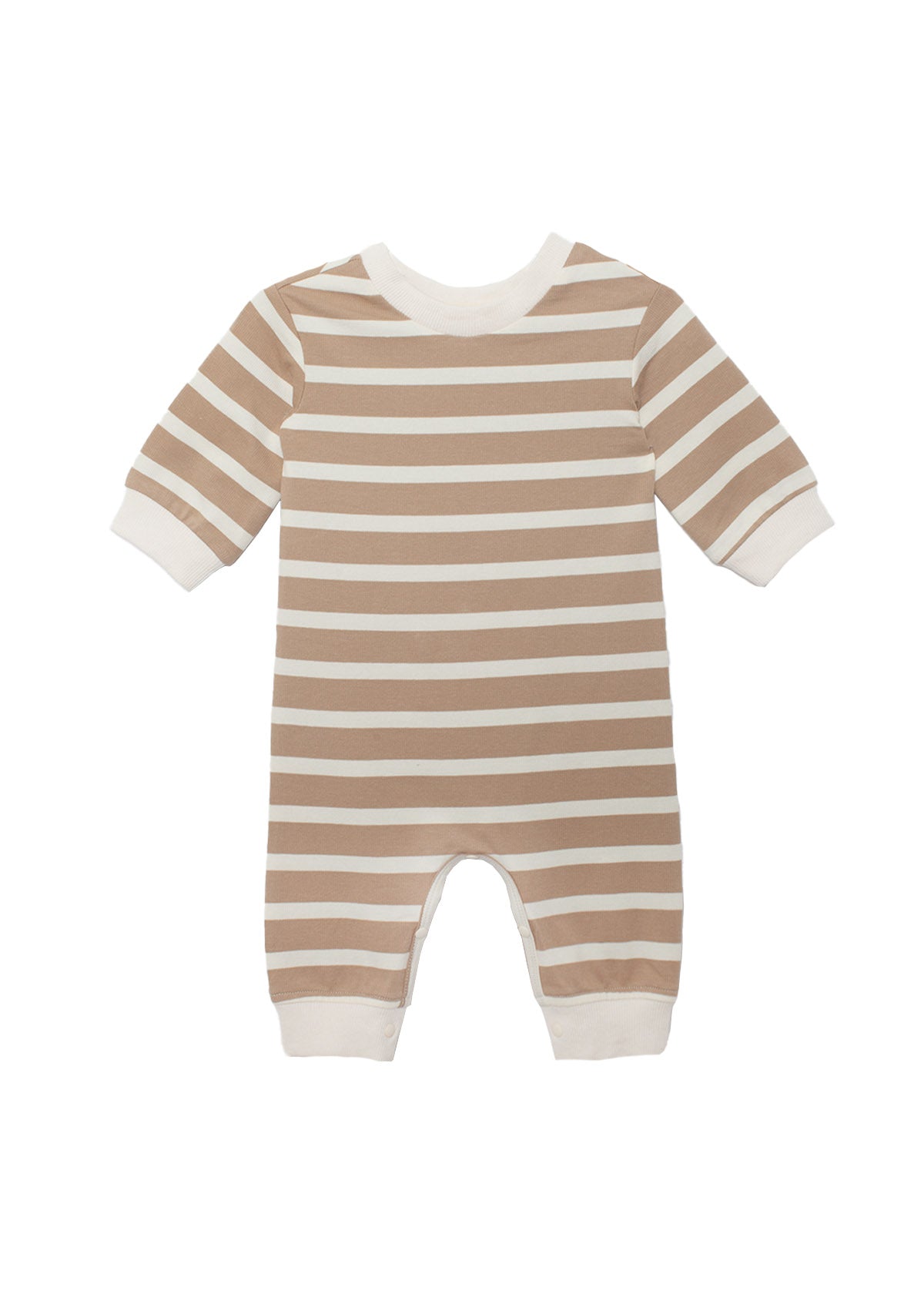 The Beckett and Bear Mason Romper is a long-sleeve outfit with light brown and white horizontal stripes, finished with white cuffs at the wrists, ankles, and neck.
