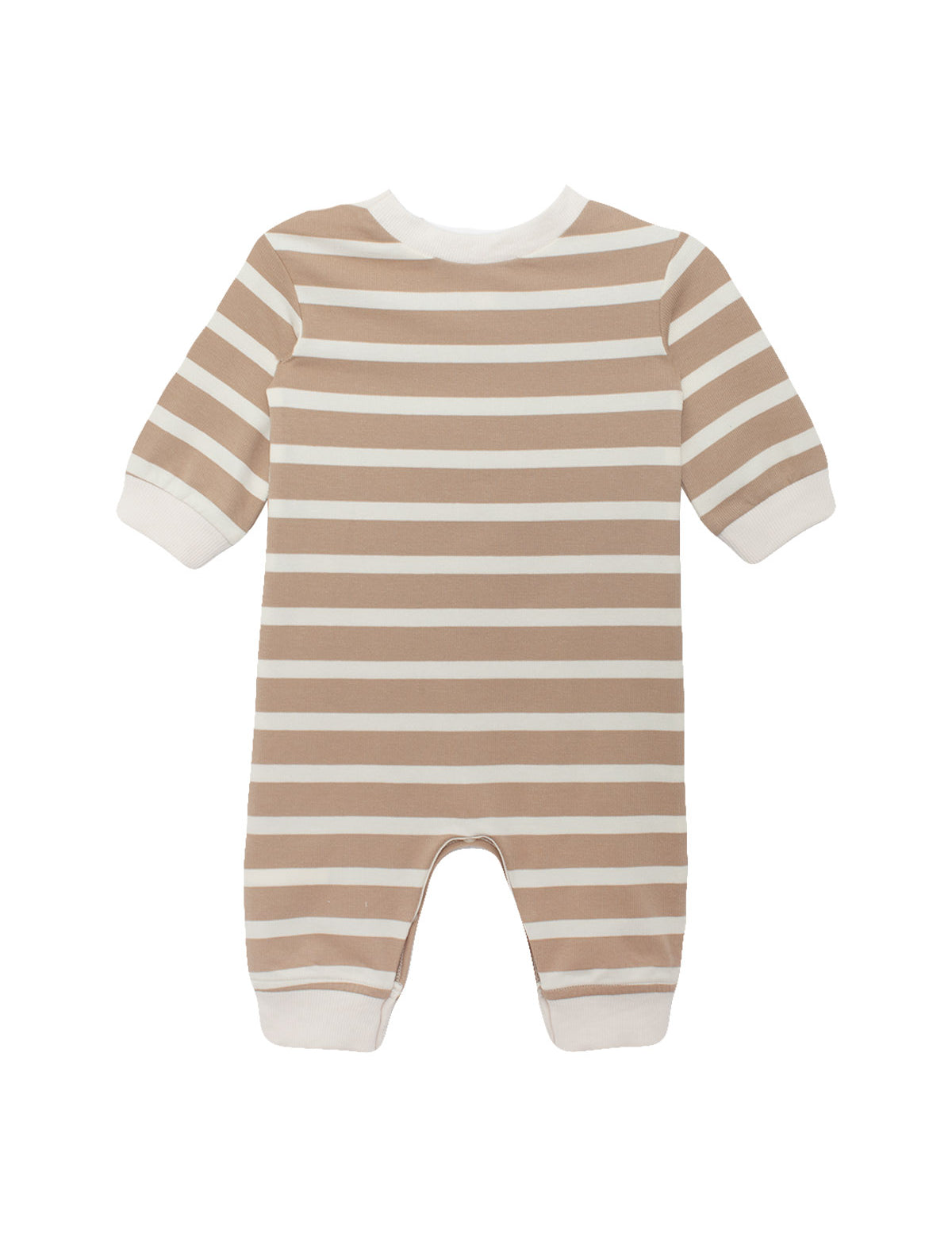 The Beckett and Bear Mason Romper is a baby one-piece with long sleeves and legs, featuring beige and white horizontal stripes, solid white cuffs, neckline, and leg openings. Shown laid flat on a white background.