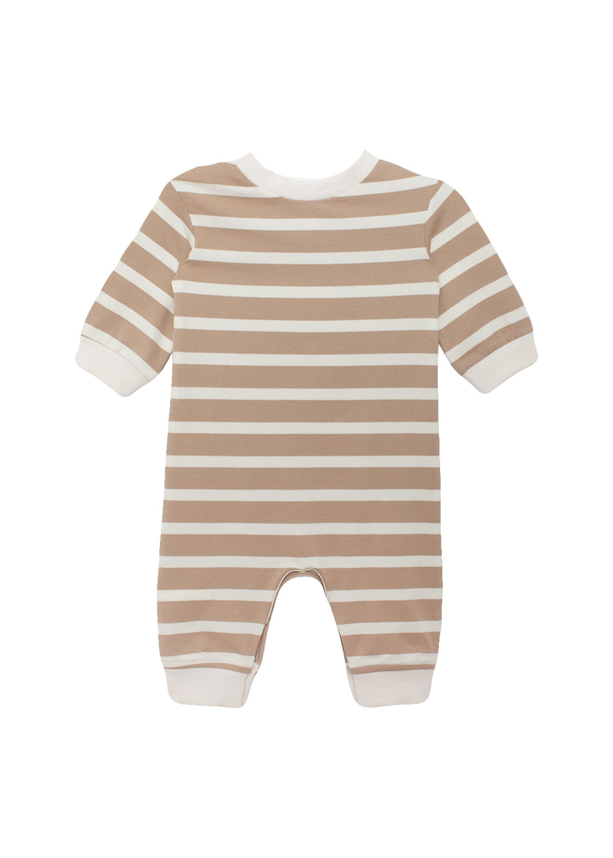 The Beckett and Bear Mason Romper is a baby one-piece with long sleeves and legs, featuring beige and white horizontal stripes, solid white cuffs, neckline, and leg openings. Shown laid flat on a white background.