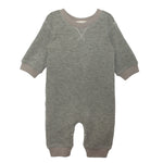 The Beckett and Bear Miles Romper is a gray, long-sleeved boys romper with ribbed cuffs and neckline, collar stitching detail, leg snaps for easy changing, and a minimalist design.