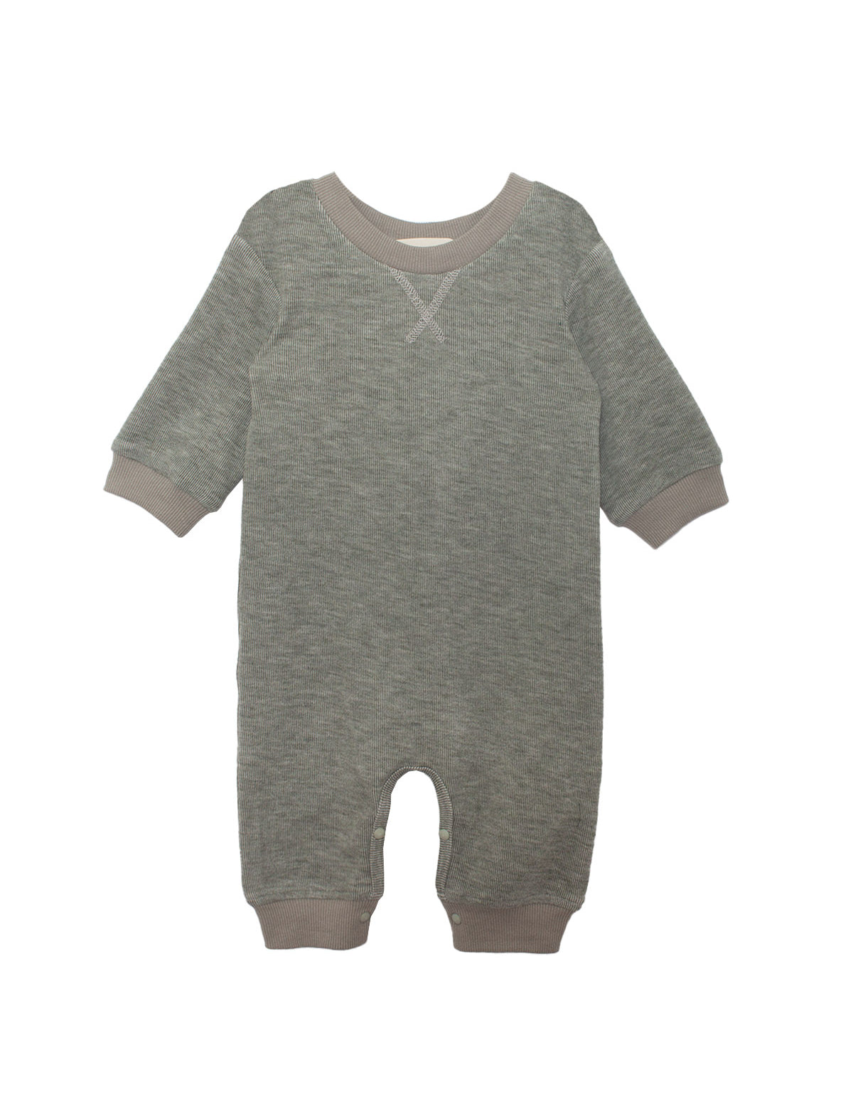 The Beckett and Bear Miles Romper is a gray, long-sleeved boys romper with ribbed cuffs and neckline, collar stitching detail, leg snaps for easy changing, and a minimalist design.