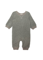 The Beckett and Bear Miles Romper is a gray, long-sleeved boys romper with ribbed cuffs and neckline, collar stitching detail, leg snaps for easy changing, and a minimalist design.
