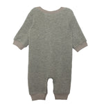 The Beckett and Bear Miles Romper is a long-sleeve grey boys romper with light beige cuffs and a minimalist design, shown laid flat and viewed from the back on a white background.