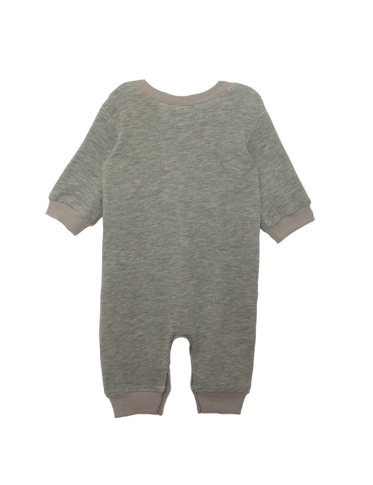 The Beckett and Bear Miles Romper is a long-sleeve grey boys romper with light beige cuffs and a minimalist design, shown laid flat and viewed from the back on a white background.
