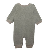 The Beckett and Bear Miles Romper is a long-sleeve grey boys romper with light beige cuffs and a minimalist design, shown laid flat and viewed from the back on a white background.