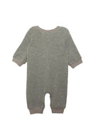 The Beckett and Bear Miles Romper is a long-sleeve grey boys romper with light beige cuffs and a minimalist design, shown laid flat and viewed from the back on a white background.