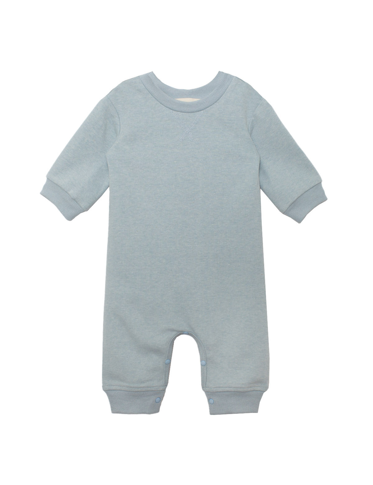 The Beckett and Bear Aiden Romper is a light blue long-sleeve baby romper with ribbed cuffs and inseam snap closures for easy changing.