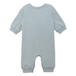 The Beckett and Bear Aiden Romper is a light blue, long-sleeve one-piece with ribbed cuffs at the wrists and ankles, shown laid flat with its back facing up.