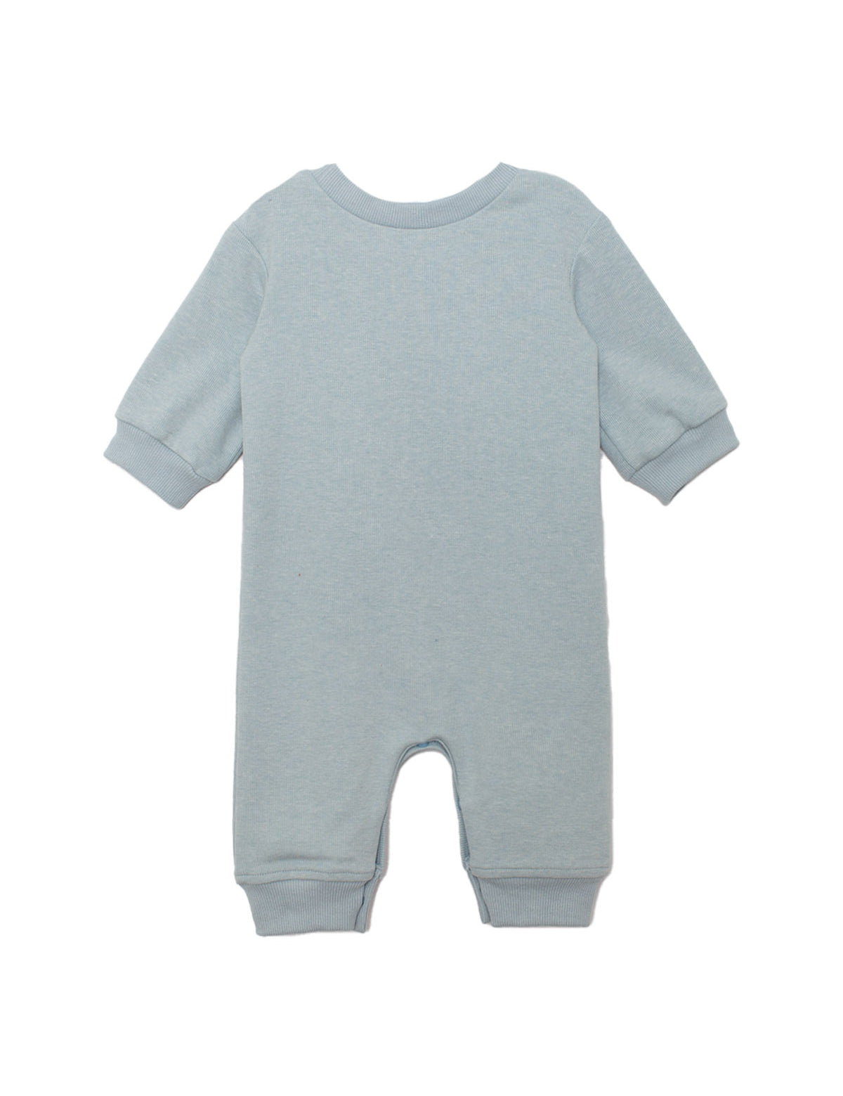 The Beckett and Bear Aiden Romper is a light blue, long-sleeve one-piece with ribbed cuffs at the wrists and ankles, shown laid flat with its back facing up.