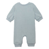 The Beckett and Bear Aiden Romper is a light blue, long-sleeve one-piece with ribbed cuffs at the wrists and ankles, shown laid flat with its back facing up.