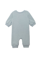 The Beckett and Bear Aiden Romper is a light blue, long-sleeve one-piece with ribbed cuffs at the wrists and ankles, shown laid flat with its back facing up.