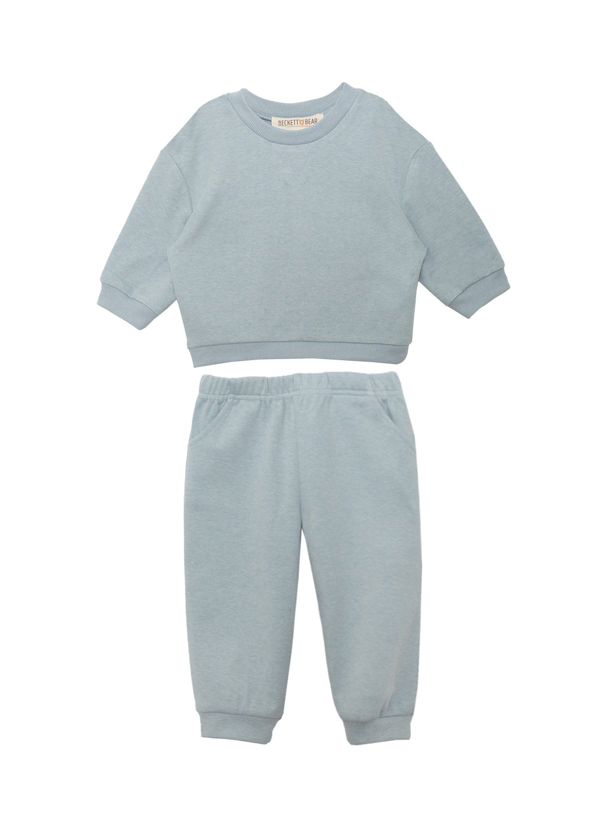 The Beckett and Bear Aiden Two Piece Set features a light blue long-sleeve crewneck sweatshirt and matching elastic-waist jogger sweatpants, shown on a plain white background.