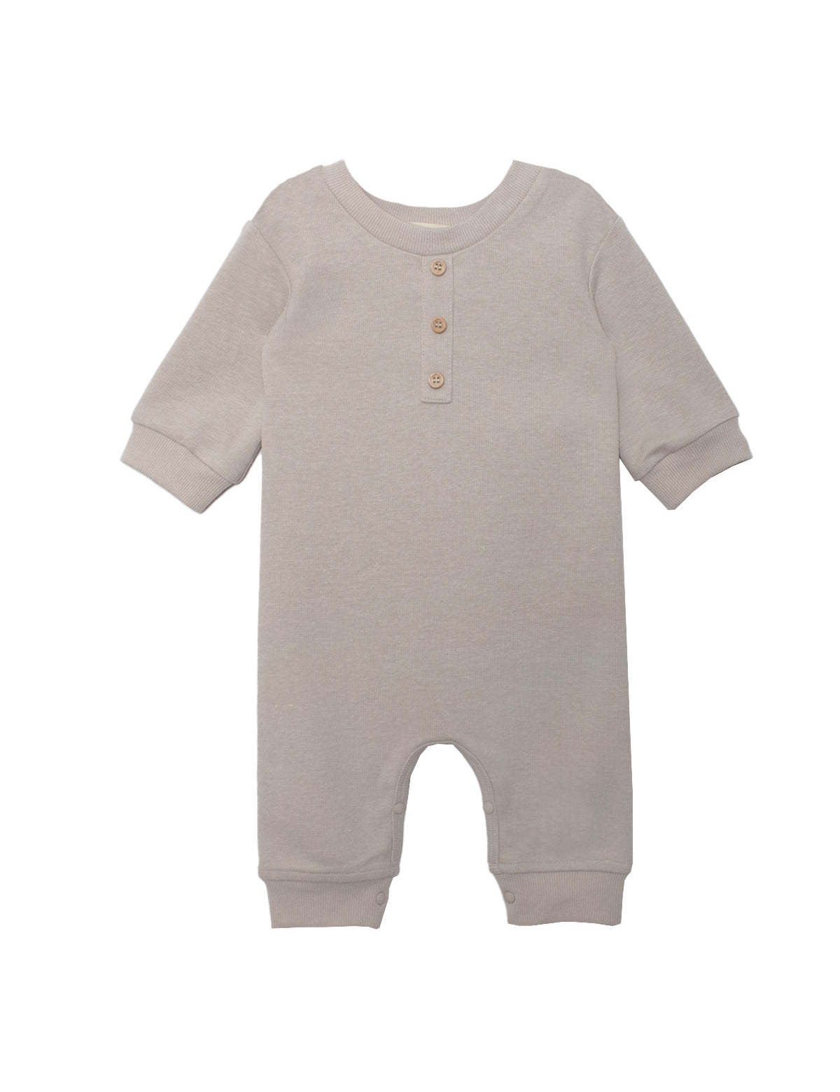 The Isaac Romper by Beckett and Bear showcases a light gray, neutral design with ribbed cuffs, a round neckline, three wooden chest buttons, and leg snap closures. The soft fabric ensures comfort for your baby.