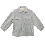 The Beckett and Bear Grayson Jacket is a light gray, long-sleeve corduroy jacket for kids with a collar, two chest pockets, and front button closure—ideal as a layering piece on cool days.