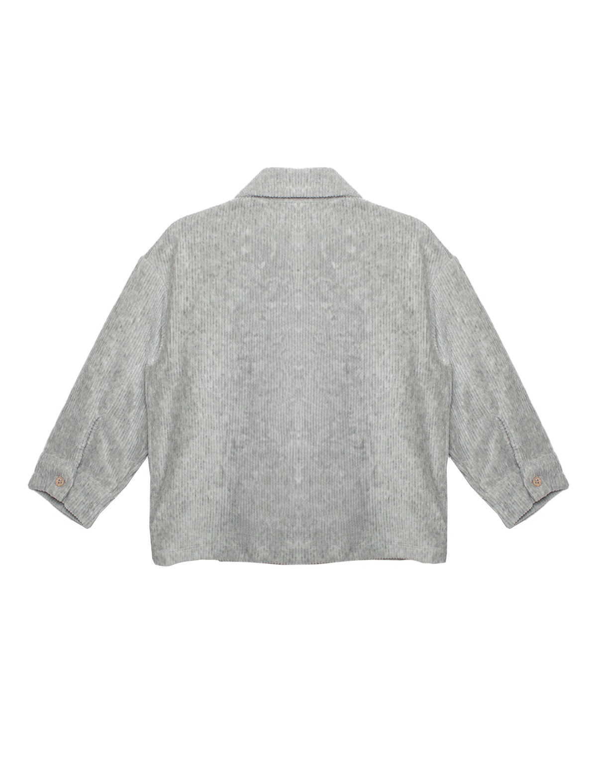The Grayson Jacket by Beckett and Bear is a light gray corduroy kids layering jacket with long sleeves, a collar, and buttoned cuffs. Shown from the back on a white background, its subtle textured pattern adds stylish detail.