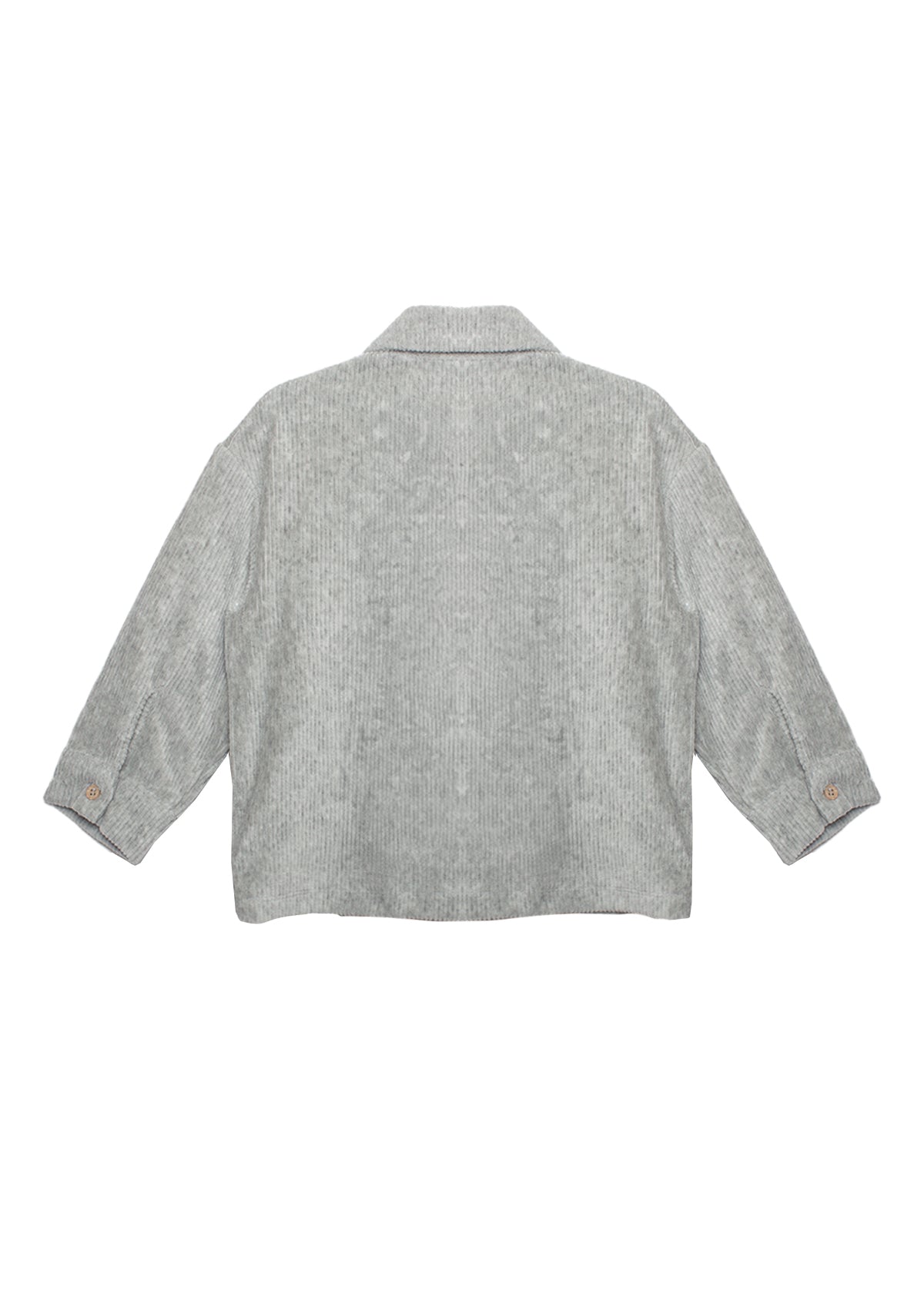 The Grayson Jacket by Beckett and Bear is a light gray corduroy kids layering jacket with long sleeves, a collar, and buttoned cuffs. Shown from the back on a white background, its subtle textured pattern adds stylish detail.