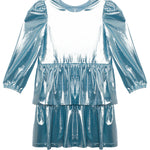 The Isobella and Chloe Blue Stardust Dress features long puffed sleeves, a round neck, and a tiered ruffled skirt. Its metallic light blue finish gives it a shiny, futuristic look—ideal for any special occasion.
