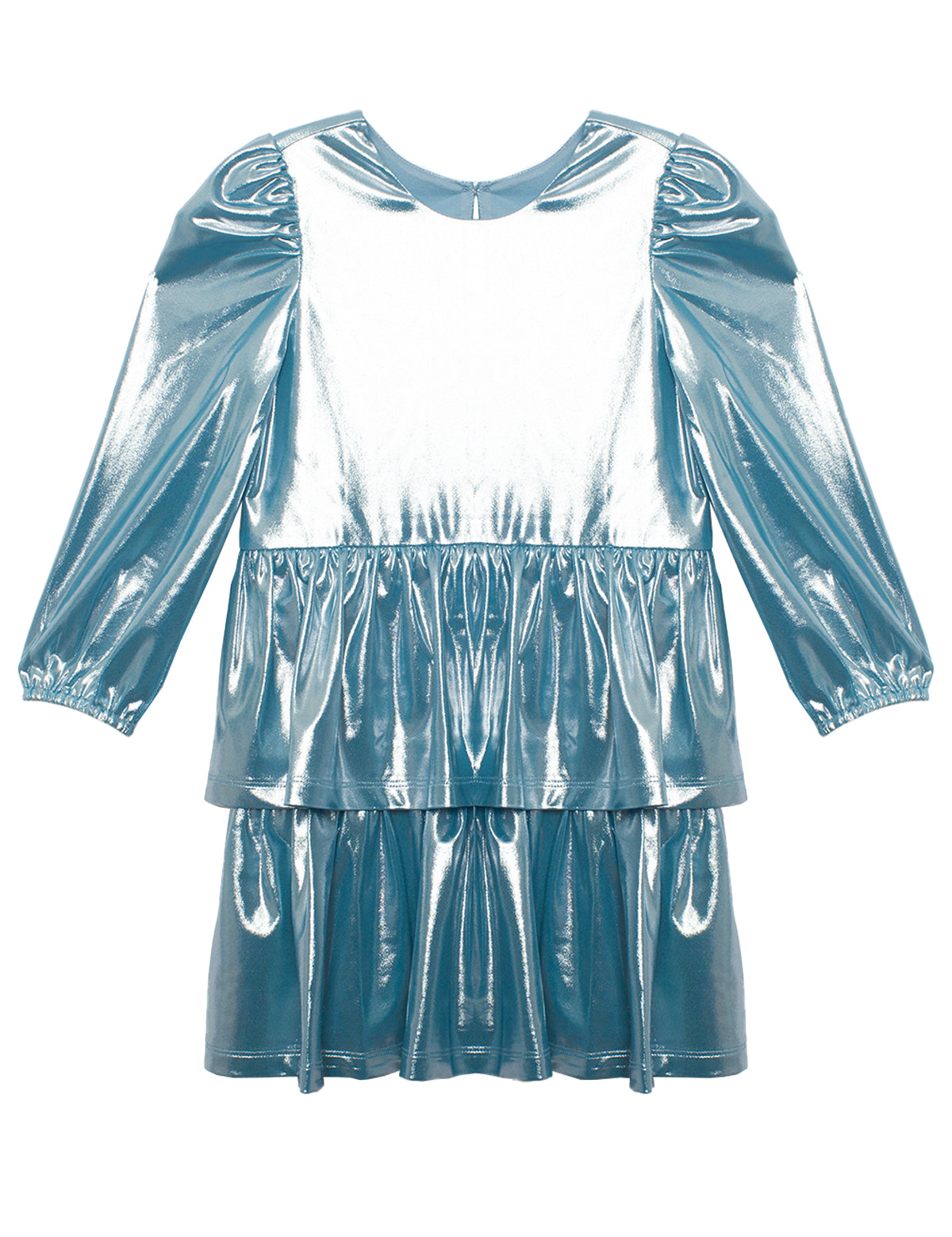 The Isobella and Chloe Blue Stardust Dress features long puffed sleeves, a round neck, and a tiered ruffled skirt. Its metallic light blue finish gives it a shiny, futuristic look—ideal for any special occasion.