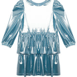 The Isobella and Chloe Blue Stardust Dress features long puffed sleeves, a round neck, and a tiered ruffled skirt. Its metallic light blue finish gives it a shiny, futuristic look—ideal for any special occasion.