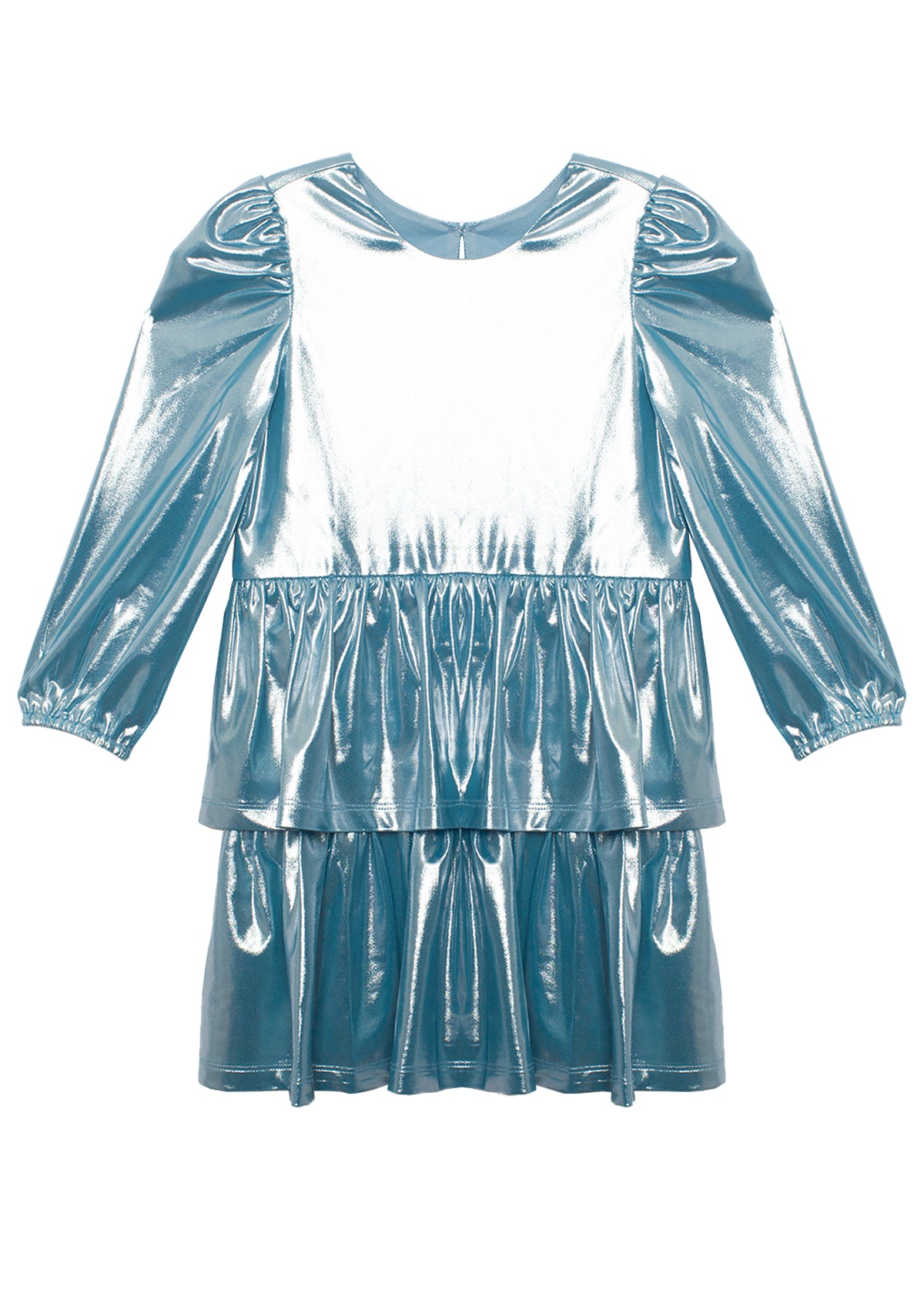 The Isobella and Chloe Blue Stardust Dress features long puffed sleeves, a round neck, and a tiered ruffled skirt. Its metallic light blue finish gives it a shiny, futuristic look—ideal for any special occasion.