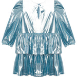 The Isobella and Chloe Blue Stardust Dress features a shiny metallic light blue finish, three-quarter puff sleeves, a round neckline with a front keyhole, and two tiered ruffle skirt layers—ideal for any special occasion.