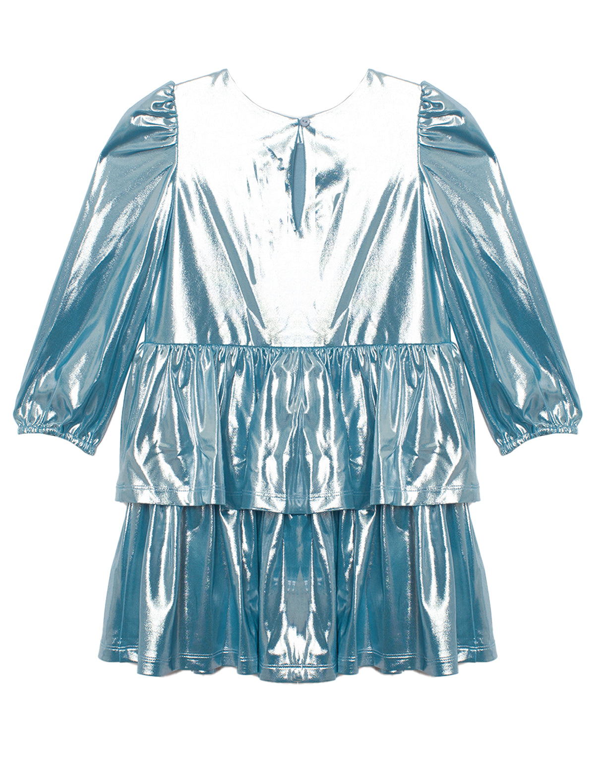 The Isobella and Chloe Blue Stardust Dress features a shiny metallic light blue finish, three-quarter puff sleeves, a round neckline with a front keyhole, and two tiered ruffle skirt layers—ideal for any special occasion.