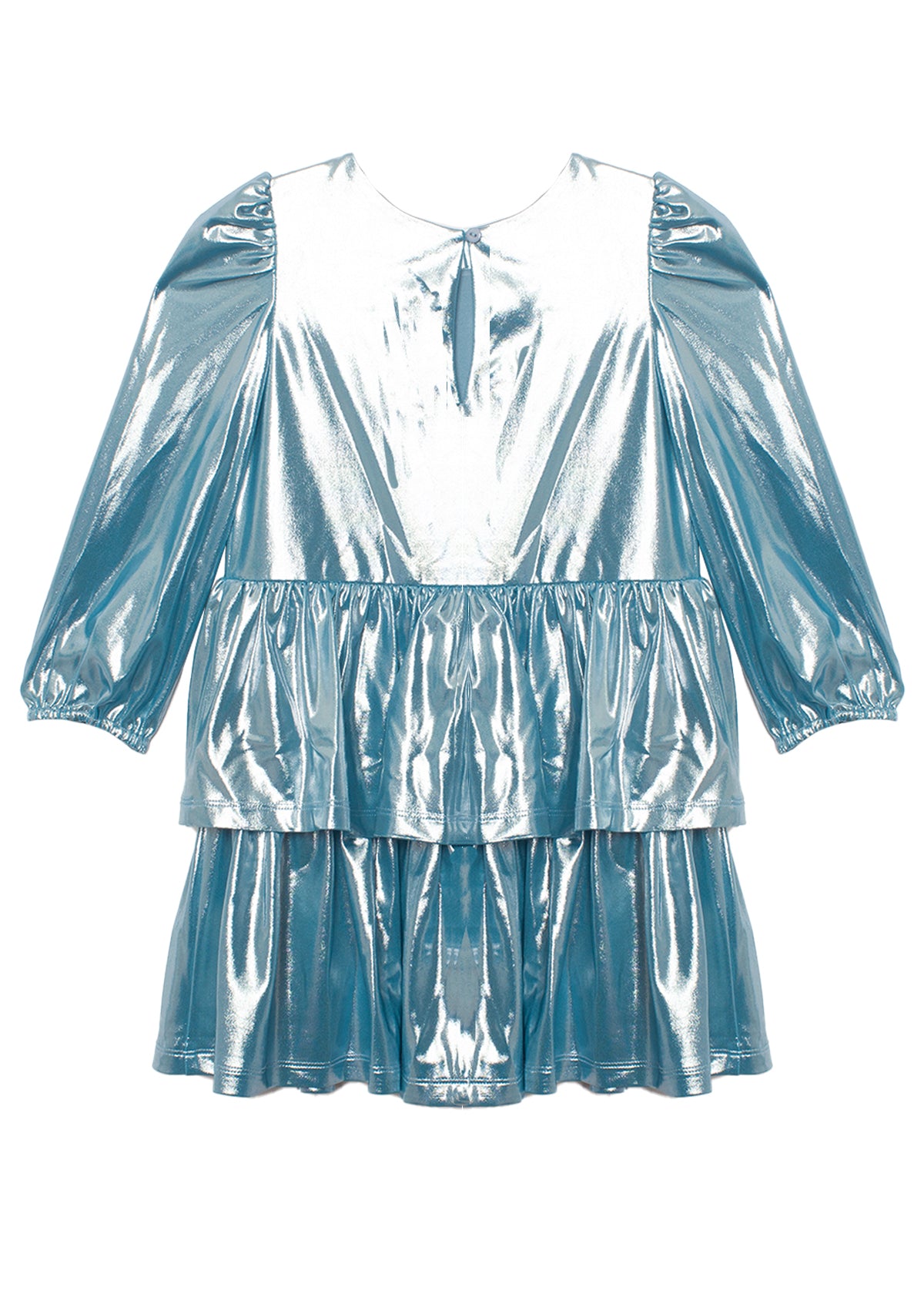 The Isobella and Chloe Blue Stardust Dress features a shiny metallic light blue finish, three-quarter puff sleeves, a round neckline with a front keyhole, and two tiered ruffle skirt layers—ideal for any special occasion.