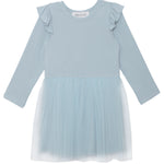 The Isobella and Chloe Tutu in the Clouds Dress has a ribbed long-sleeve bodice, ruffled shoulders, and a light blue tulle skirt—creating an elegant look that's ideal for special occasions.