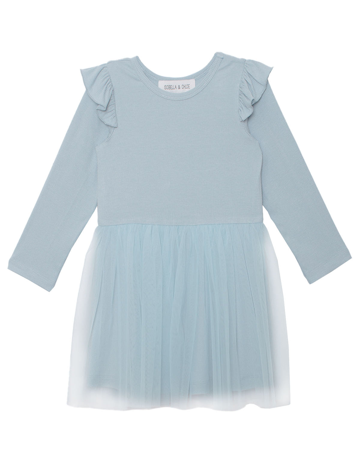 The Isobella and Chloe Tutu in the Clouds Dress has a ribbed long-sleeve bodice, ruffled shoulders, and a light blue tulle skirt—creating an elegant look that's ideal for special occasions.