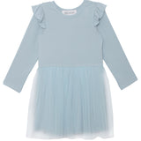 The Isobella and Chloe Tutu in the Clouds Dress has a ribbed long-sleeve bodice, ruffled shoulders, and a light blue tulle skirt—creating an elegant look that's ideal for special occasions.